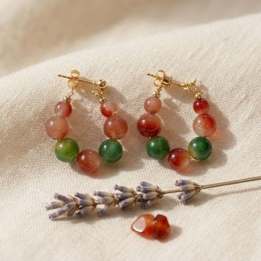VTG Style Natural Mulitcolor Agate Gems Round Beads Drop Dangle Hook Earrings